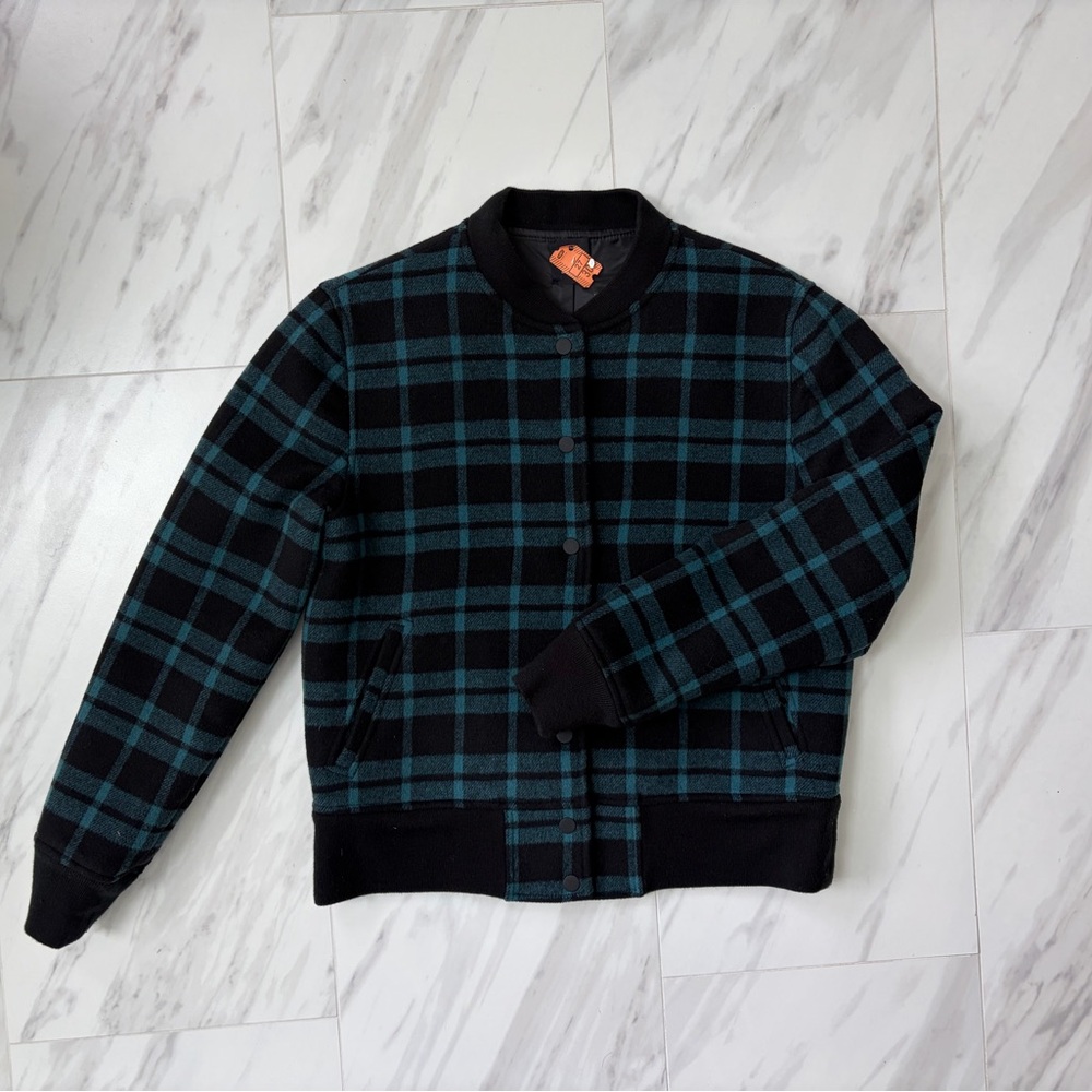 Kate Spade Saturday Women’s Plaid Bomber Jacket, Teal Black, Wool Blend, Sz M